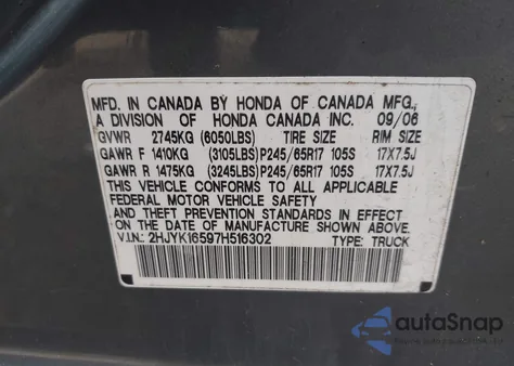 2007 Honda Ridgeline Rtl из США, поврежденный, VIN 2HJYK16597H516302